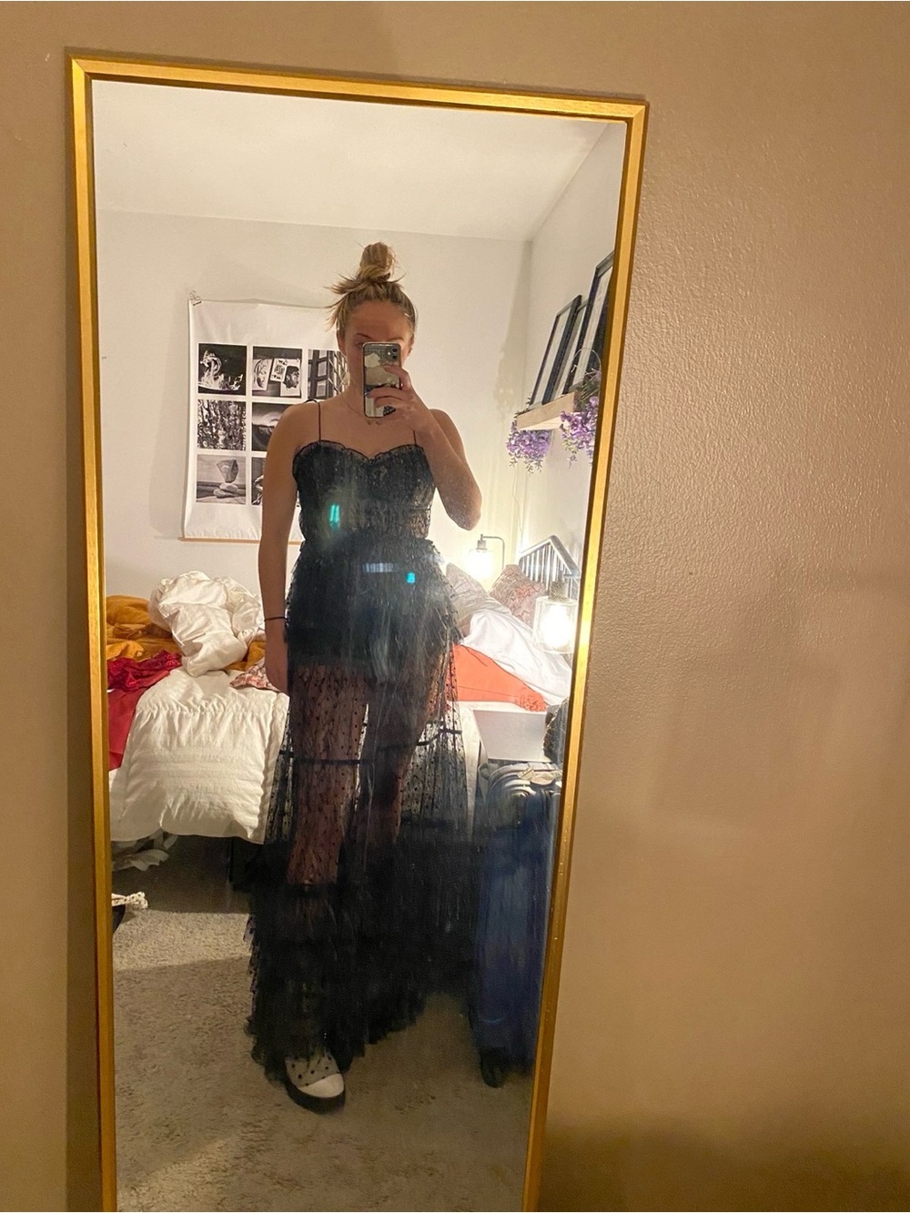 For Love & Lemons Black Sheer Polka-Dot Tiered Maxi Dress - Picture 9 of 9